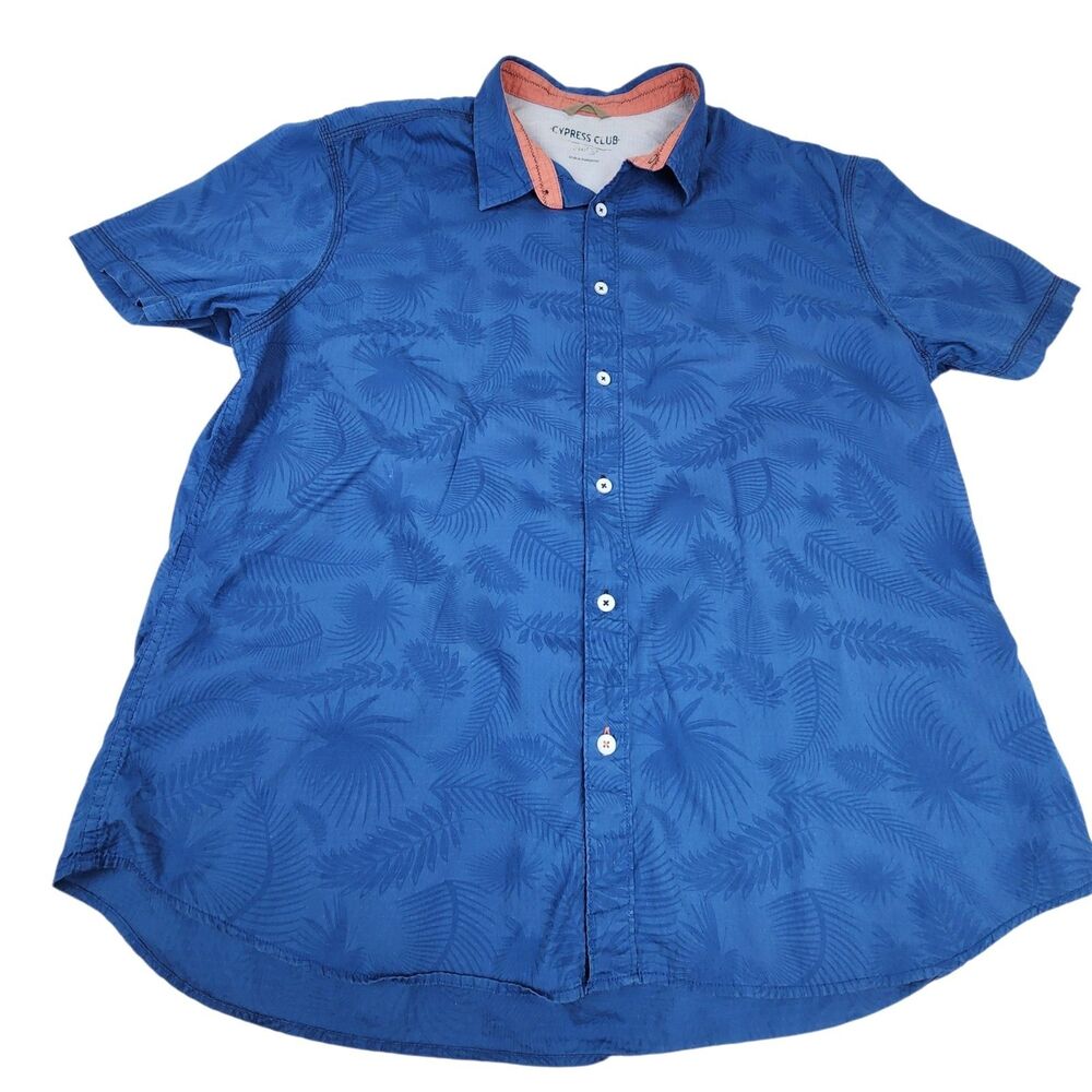 Cypress Club Blue Tropical Leaf Button Up Shirt Men's Large 100% Cotton SS